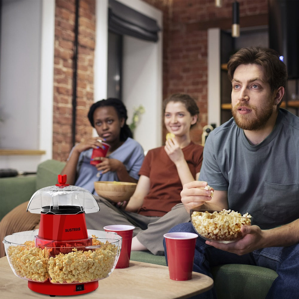 Hot Air Popcorn Maker with 4 Bowls, Oil-Free Electric Popcorn Machine 95% Pop Rate Ready in 3 Min