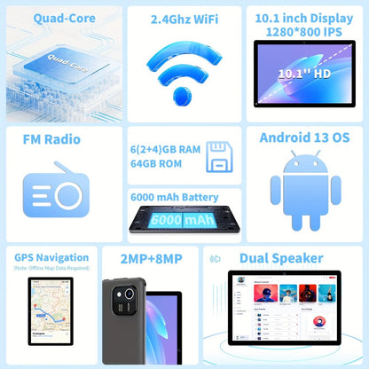 Android Tablet 10-Inch with Android 13, Quad-Core CPU, 6GB Advertised Memory and 64GB Internal Storage
