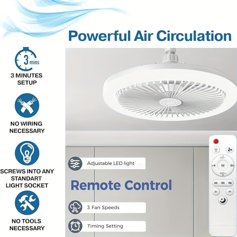 Ceiling Fan Light with Remote Control, Dimmable LED 3000-6500K, 3-Speed Fan, E26 Base, 360° Adjustable Universal Joint, Timed Night Light