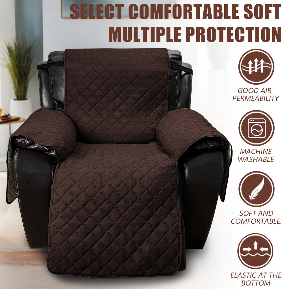 One-Piece Quilted Recliner Chair Cover with Wide Arm Wings, Back Strap and Eight Color Options