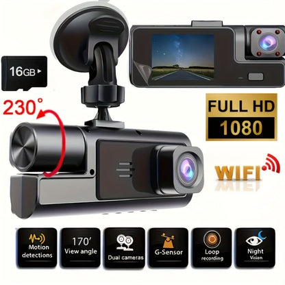 1080P-Labeled Dash Camera with Dual- or Triple-Lens Options, WiFi and 16GB, 32GB or No-Card Bundles