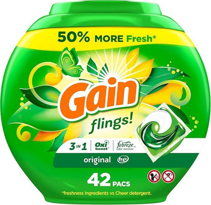 Gain Flings Laundry Detergent Pods 42ct Original Scent - 3-in-1 Concentrated Liquid Pods with Stain Remover & Odor Fighter