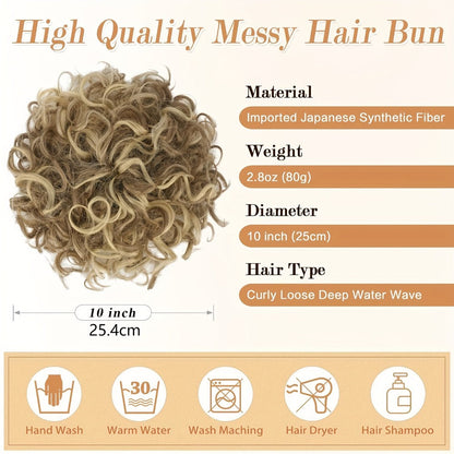 Hair Extensions Curly 10-Inch Synthetic Drawstring Bun with Comb Clips, 80g Weight and Two Brown Color Options