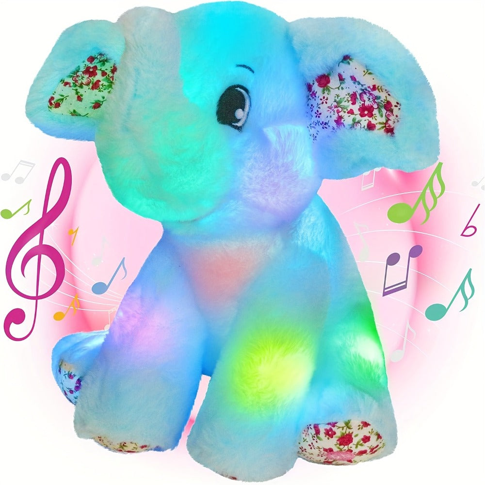 Plush Toy Blue Elephant with LED Glow and Optional Lullaby Music for Soft Room Display and Gifting