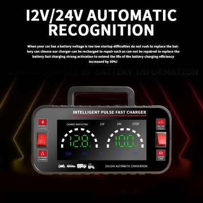 Car Battery Charger 12V/24V with LCD Display – Fast Charging Portable Maintainer for Cars, Trucks, RVs & Motorcycles, Overcharge Protection