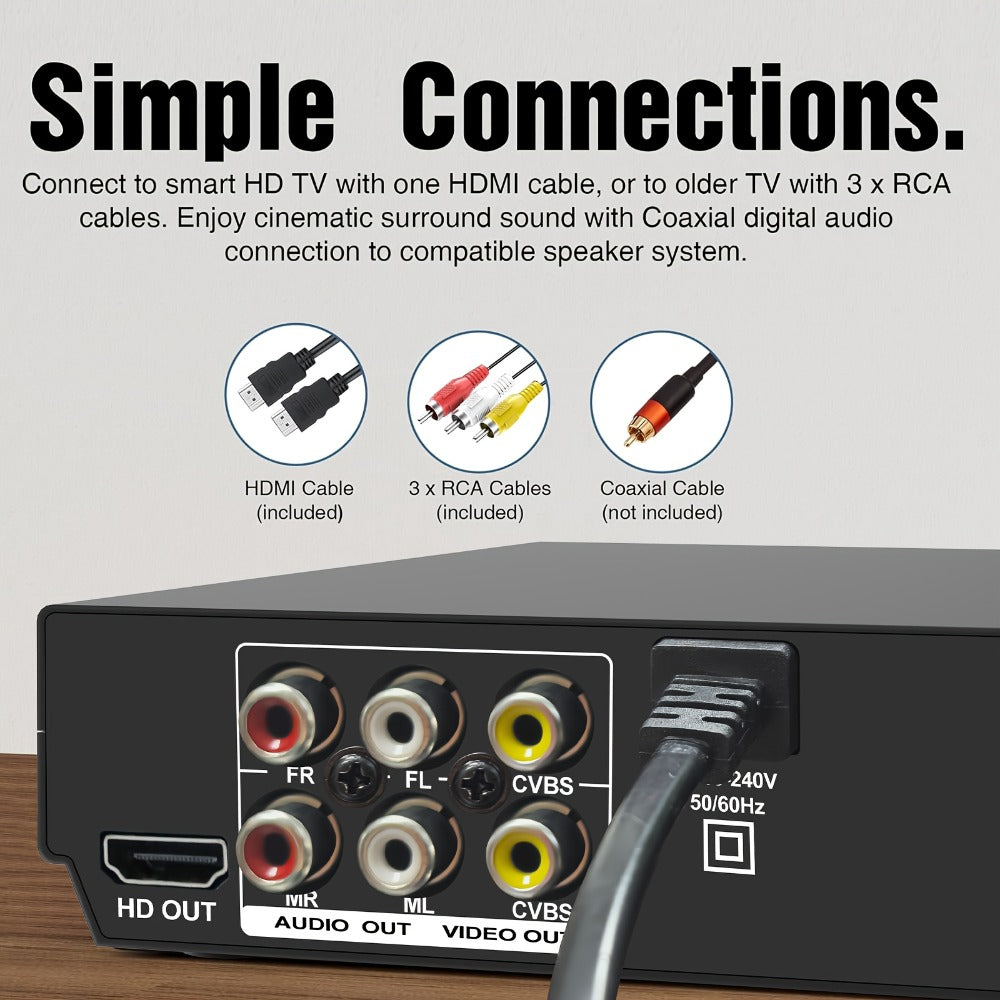Black HDMI DVD Player with USB Port, HDMI and RCA Outputs, Remote Control and Both Cables Included