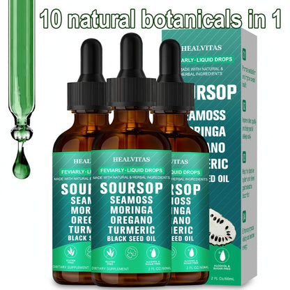 Soursop Bitters Liquid Supplement 2oz 10-in-1 with Seaweed Moringa Turmeric Black Seed Oil & Oregano Herbal Extracts