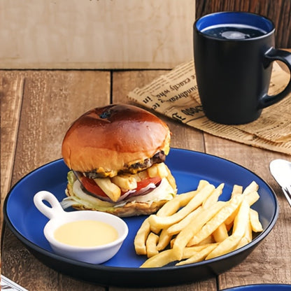 Dinnerware Set Options for Four with Round Plates, Bowls and Cups in Black, Red, Blue, Green or Floral Designs