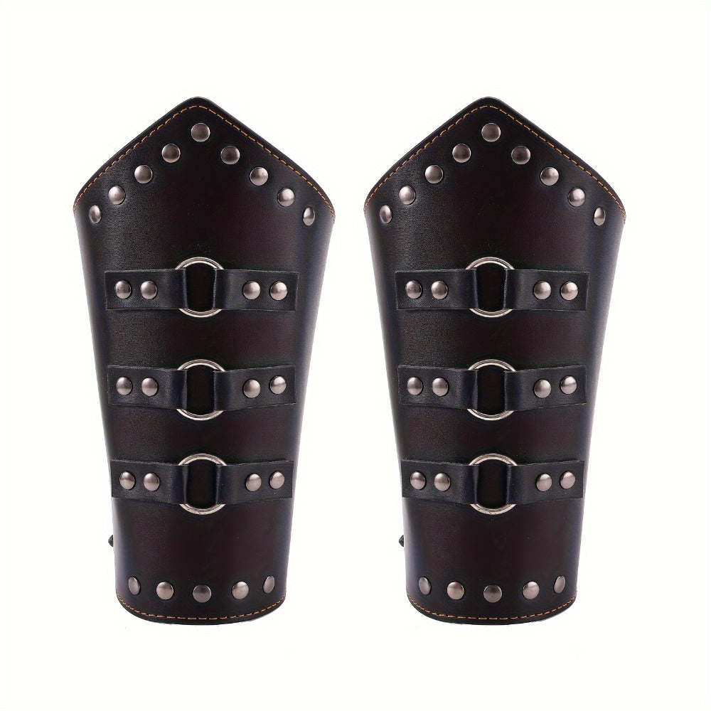 Medieval Arm Bracers 2pcs PU Leather Gauntlet Wristbands for Men, Renaissance Knight Warrior Viking Cosplay Costume Prop for Halloween LARP