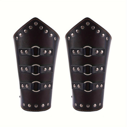 Medieval Arm Bracers 2pcs PU Leather Gauntlet Wristbands for Men, Renaissance Knight Warrior Viking Cosplay Costume Prop for Halloween LARP
