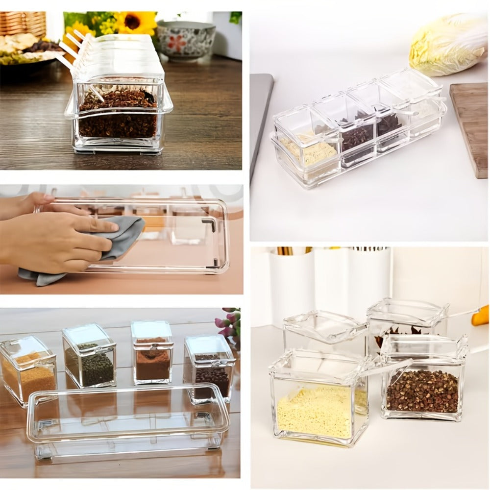 Four-Grid Clear Spice Box Set with Individual Flip-Top Lids, Shared Base, Four Compartments and 26cm Length