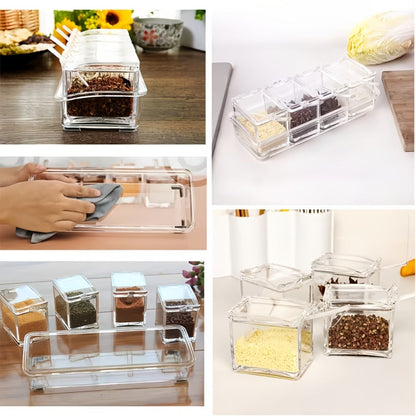Four-Grid Clear Spice Box Set with Individual Flip-Top Lids, Shared Base, Four Compartments and 26cm Length