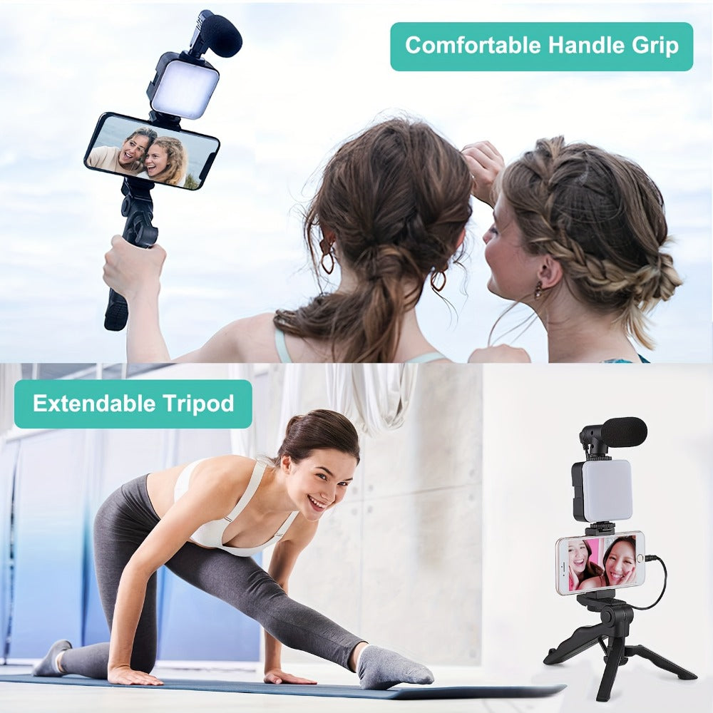 All-in-One Content Creator Kit with LED Ring Light Microphone Folding Tripod & Bluetooth Remote