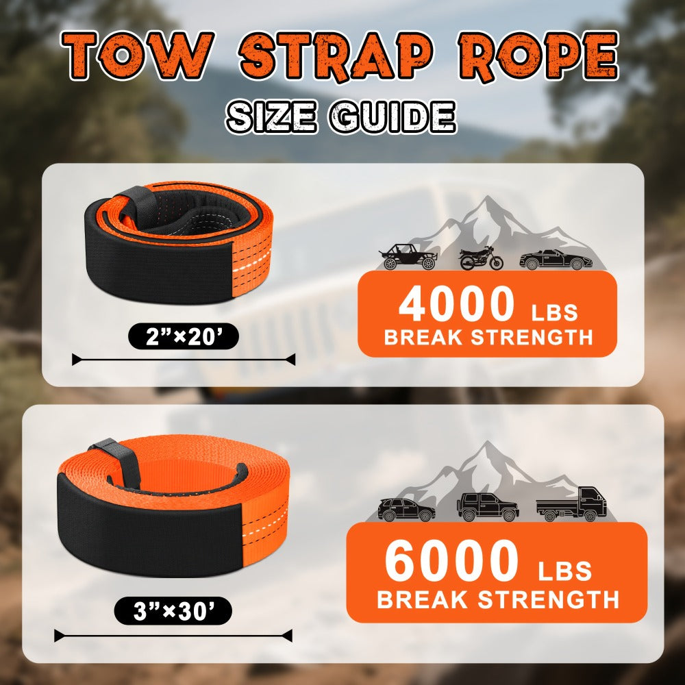 Recovery Tow Strap 4-in-1 Kit 4000-6000 LBS – Off-Road Emergency Strap with D-Ring Shackles, Safety Flag & Storage Bag for Truck, Jeep, ATV