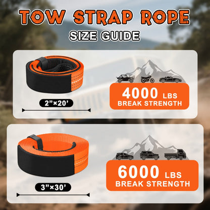 Recovery Tow Strap 4-in-1 Kit 4000-6000 LBS – Off-Road Emergency Strap with D-Ring Shackles, Safety Flag & Storage Bag for Truck, Jeep, ATV