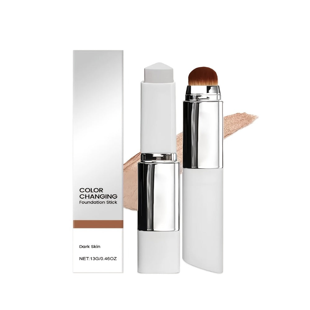 Skin Tone Adapting Color-Changing Foundation Stick 2-Piece with Built-In Brush & Puff – Lightweight Matte Finish Sheer to Buildable Coverage