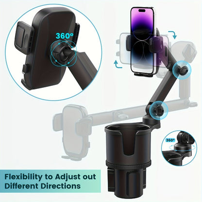 2-in-1 Car Phone Holder & Cup Holder Extender – Swivel Rotating Mount with Shock-Absorbing Trim, Universal for Cars, SUVs & Trucks, Black