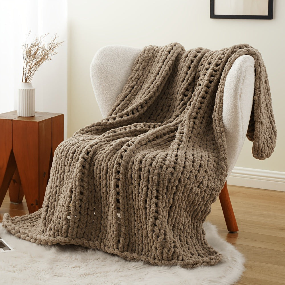 Chunky Chenille Cable Knit Throw Blanket, 350-400gsm Crochet Throw for Sofa, Bed & Couch, Vintage Patchwork