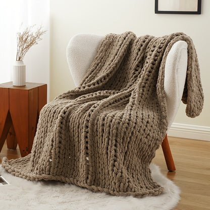 Chunky Chenille Cable Knit Throw Blanket, 350-400gsm Crochet Throw for Sofa, Bed & Couch, Vintage Patchwork