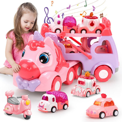 Pink Carrier Truck Toy with 4 Mini Cars, Music & Lights, Battery Powered Pull-Back Transport Vehicle for Girls Boys Ages 3+