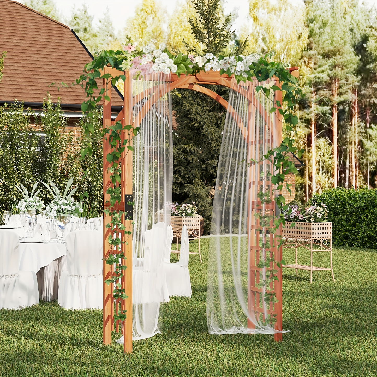 Cedar Wood Arbor 84" Double Lattice Garden Arch Pergola Trellis for Garden, Patio and Yard Use