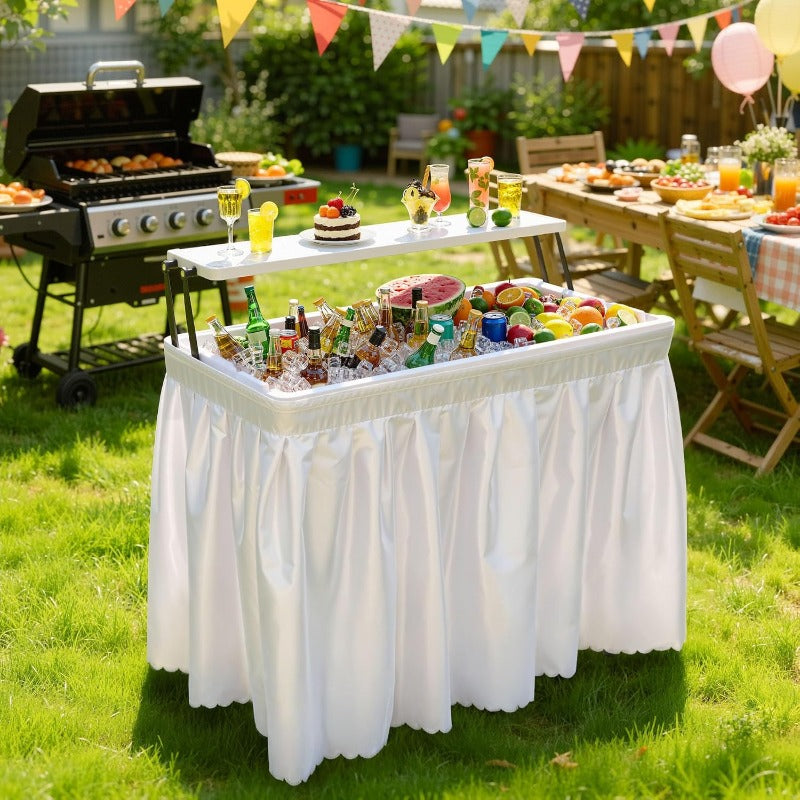 2-Tier Ice Table 40.5" Folding Bar Cooler with Drain, Skirt & Metal Shelf, Double-Layer Outdoor Beverage Station for Parties