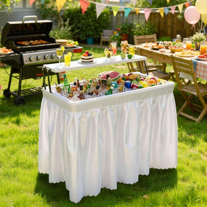 2-Tier Ice Table 40.5" Folding Bar Cooler with Drain, Skirt & Metal Shelf, Double-Layer Outdoor Beverage Station for Parties