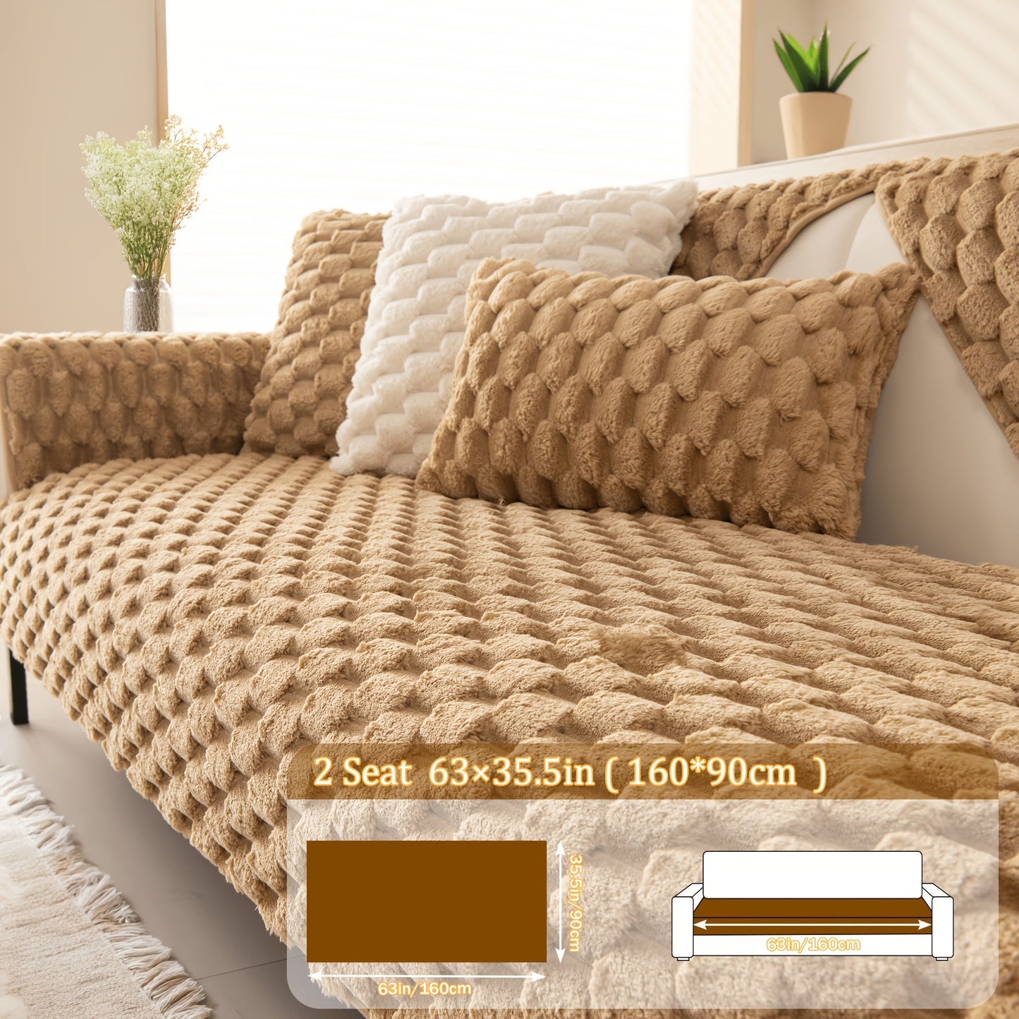 Sofa Cover 35.5-Inch Fuzzy Polyester Single-Piece Pad with Silicone-Dot Backing for 2 to 4 Seats