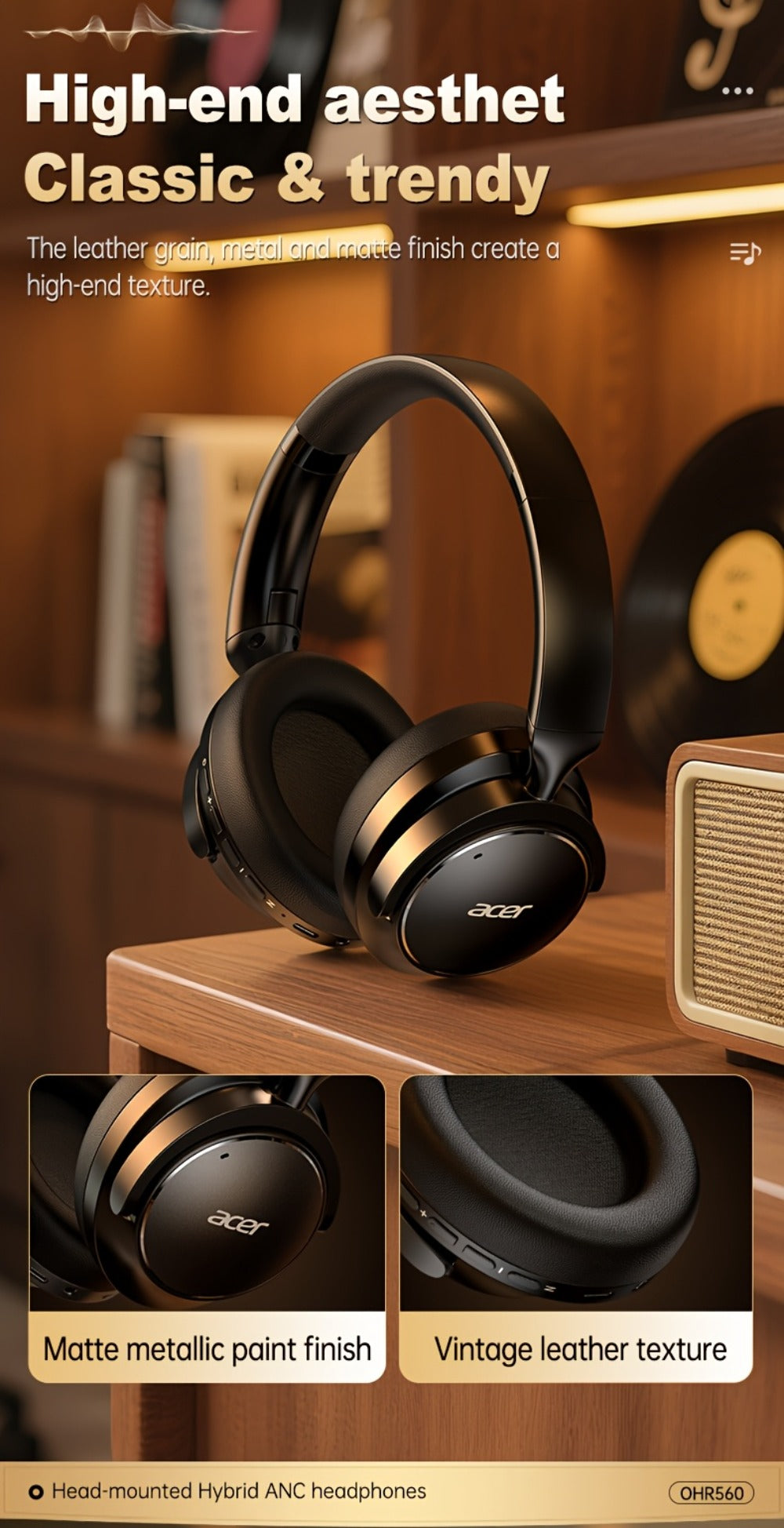 Acer OHR560 Over-Ear Headphones with Bluetooth 5.3, 40mm Drivers, ANC and ENC Labels, Foldable Earcups and AUX