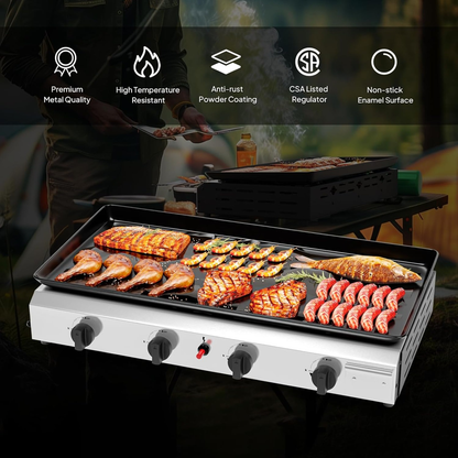 Flat Top Griddle Propane Tabletop 2 or 4 Burner, 20000 BTU Portable Gas Grill with Nonstick Enamel Tray
