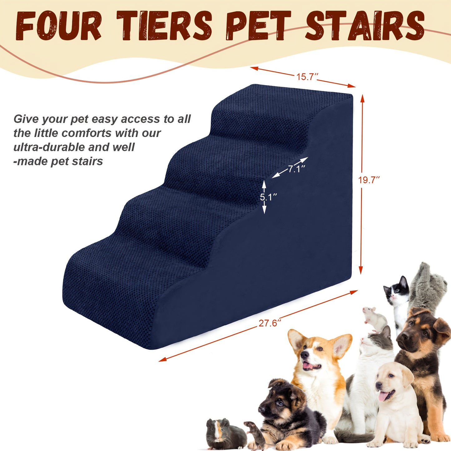 Dog Stairs for High Beds & Sofas – 2/3/4 Step Memory Foam Pet Steps with Non-Slip Bottom, Washable Cover & Textured Surface