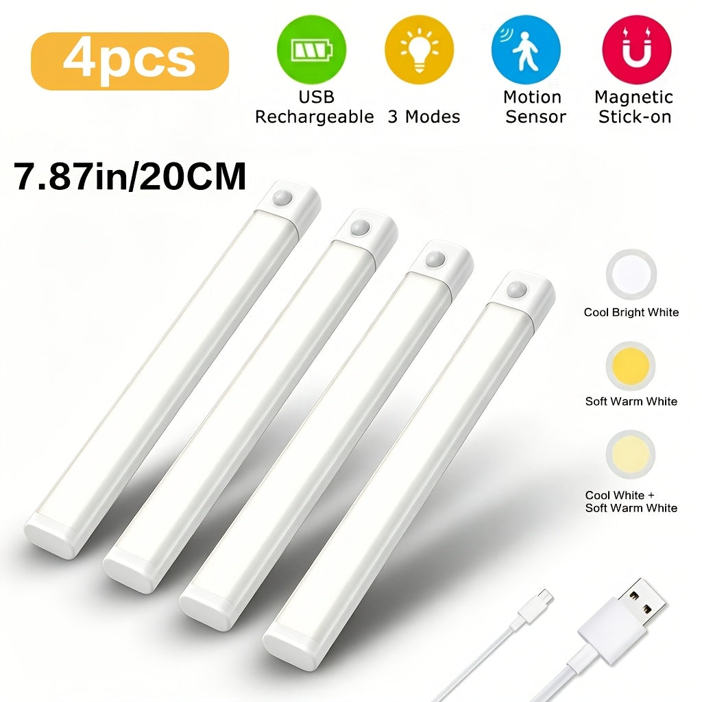 Motion Sensor LED Cabinet Light 4 Pack USB Powered – 3 Color Modes, Wireless Under Cabinet Lighting Bar