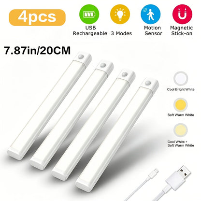 Motion Sensor LED Cabinet Light 4 Pack USB Powered – 3 Color Modes, Wireless Under Cabinet Lighting Bar