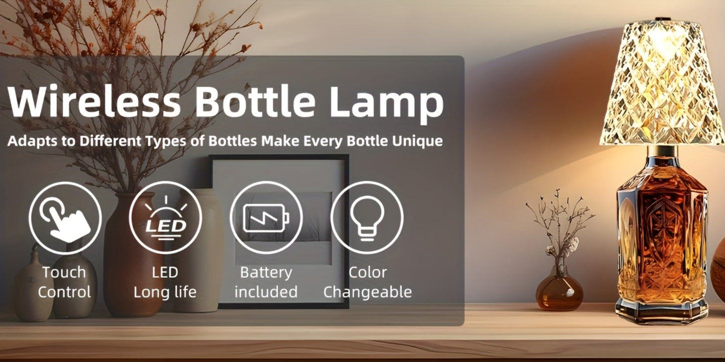 Table Lamp for Wine Bottles with Acrylic Crystal Shade, 2000mAh Battery, Three Colors and One or Two-Pack Options