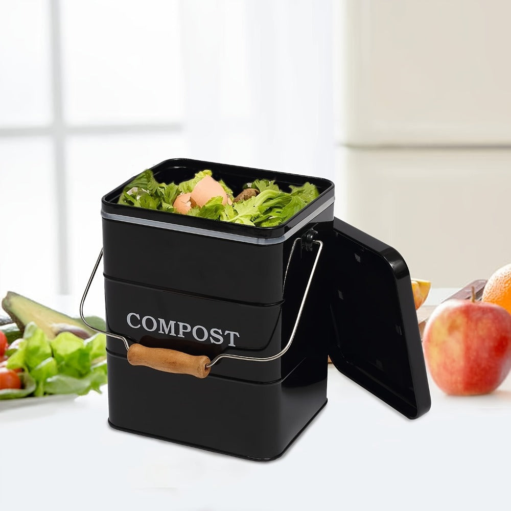 Kitchen Compost Bin 1 Gallon with Charcoal Filter & Wooden Handle, Odor-Free Indoor Countertop Food Waste Bin