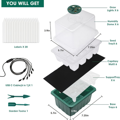 Seed Starter Kit 6-Pack with Grow Light Timing Controller, Adjustable Brightness Thickened Humidity Dome Heightened Lid