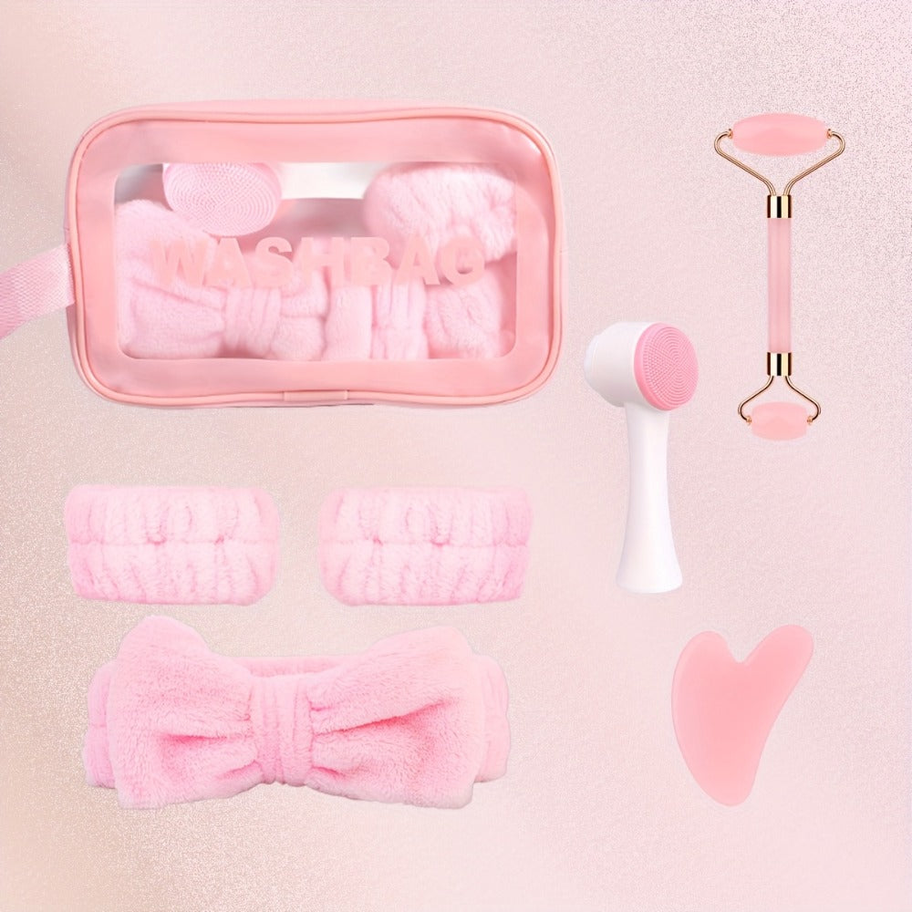 Facial Cleansing Massage Set 7Pcs Silicone Face Brush Double-Headed Roller Massager Heart Scraping Board Wristbands Hair Band Pink Storage