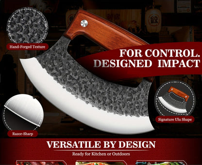 Hand-Forged Ulu Knife Rocker Blade High Carbon Steel Full Tang Rosewood Handle with Leather Sheath & Gift Box