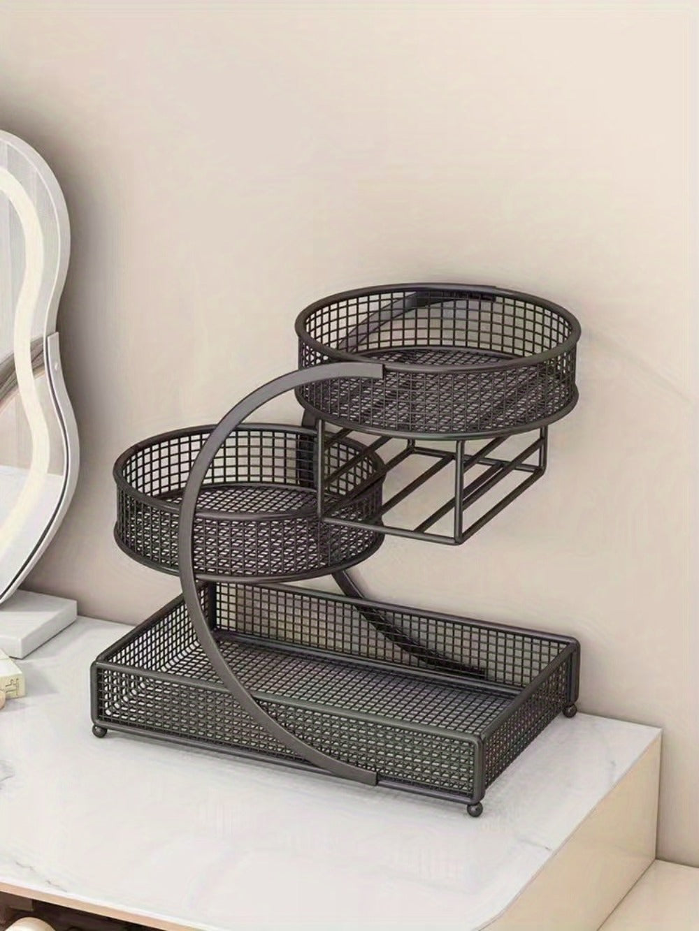 3-Tier Metal Cosmetic Organizer with Tissue Box Holder No-Installation Countertop Makeup Skincare Storage Rack for Bathroom Dresser Vanity