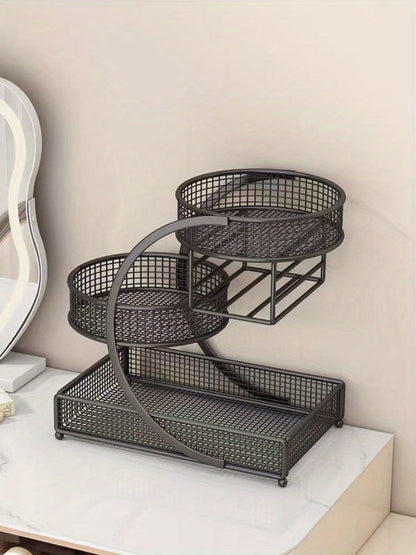 3-Tier Metal Cosmetic Organizer with Tissue Box Holder No-Installation Countertop Makeup Skincare Storage Rack for Bathroom Dresser Vanity