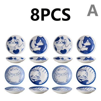 Ceramic Dipping Bowls Set of 8 Cat Shaped Mini Soy Sauce Dishes 4 Inch Small Condiment Bowls for Home Cooking, Dining and Outdoor Meals