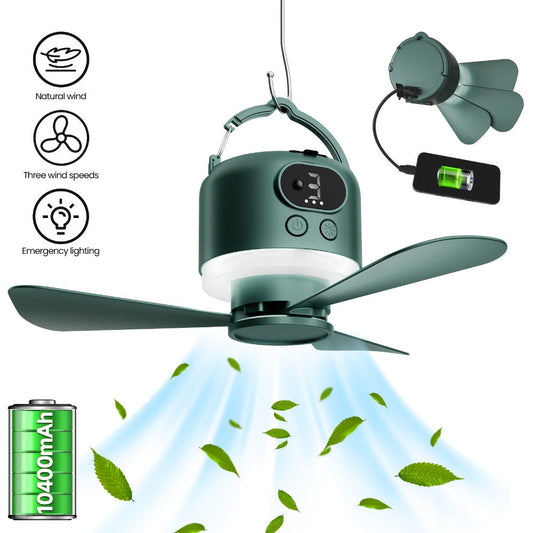 10400mAh Hanging Camping Fan with Remote Control, Three Wind Speeds, LED Light and White or Green Color Options