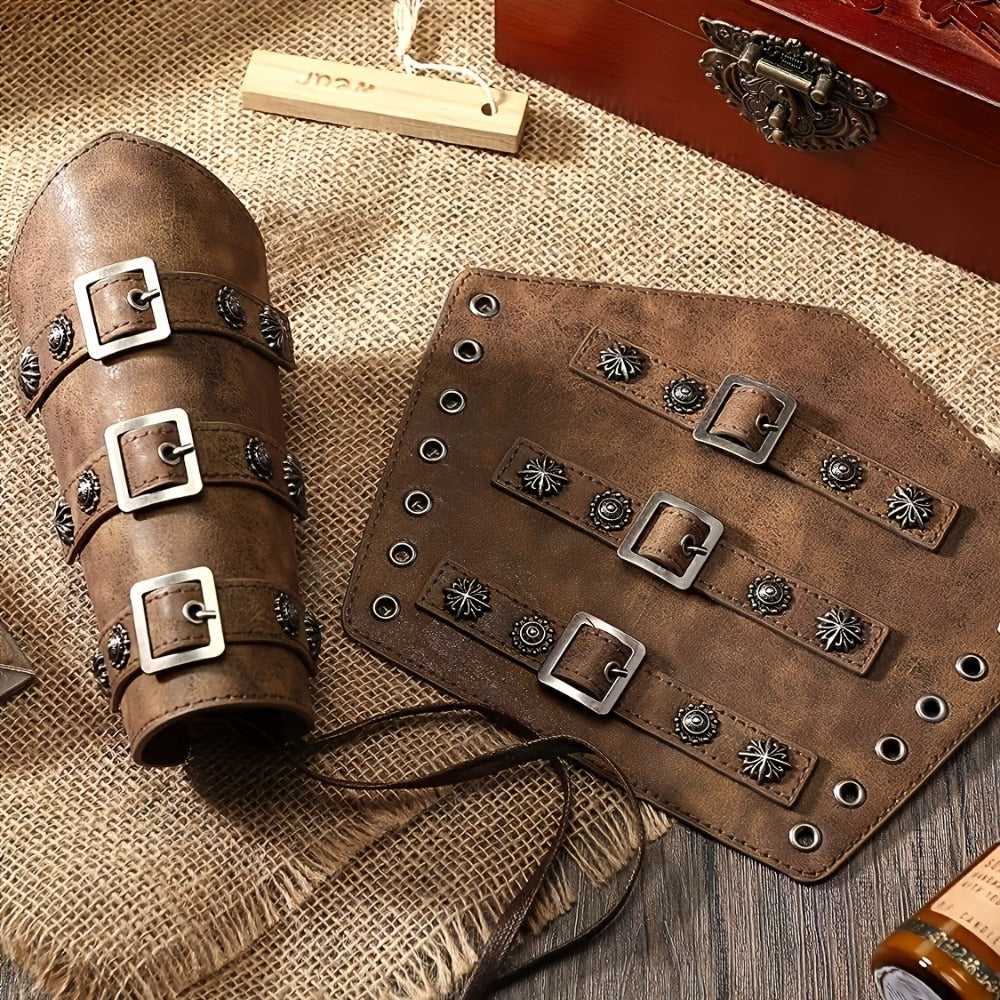 Viking Medieval Leather Arm Guards Bracers – PU Leather Knight Gauntlets Adjustable Metal Buckles Rivets for Men Women Halloween Cosplay