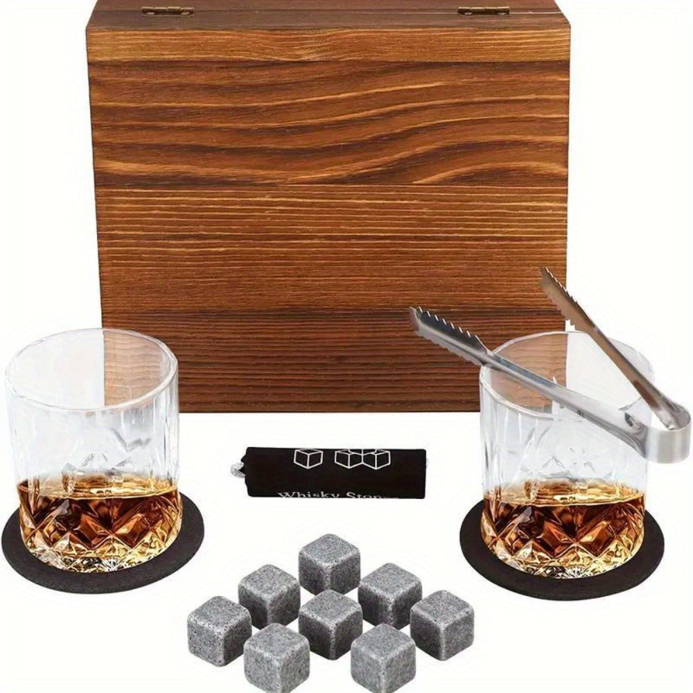 Whisky & Wine Glass Set with Cooling Stones, Ice Tong & Bartender Kit, Portable Bar Accessories for Luxurious Drinking Experience