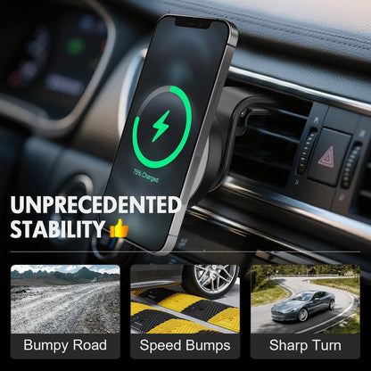 15W Magnetic Wireless Charging Car Phone Mount with Vent Clip, Swivel Joint and Black or White Finish
