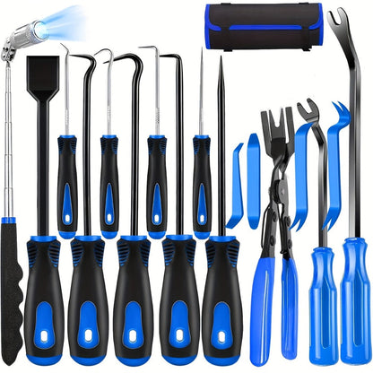 Auto Trim Removal Tool Kit 17pcs with Pry Tools Picks Metal Scraper Magnetic Telescopic Pickup Non-Slip Clips for Car Door Panel Dash