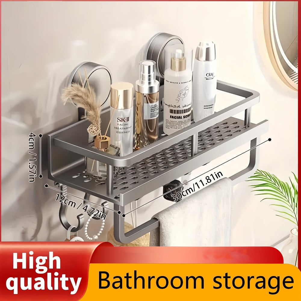 Shower Caddy Shelf Wall Mounted Suction Cup Rustproof Floating Bathroom Organizer Rack with Towel Hook for Shampoo Soap Accessories Space