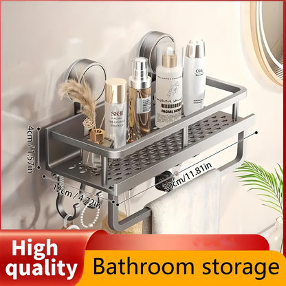 Shower Caddy Shelf Wall Mounted Suction Cup Rustproof Floating Bathroom Organizer Rack with Towel Hook for Shampoo Soap Accessories Space