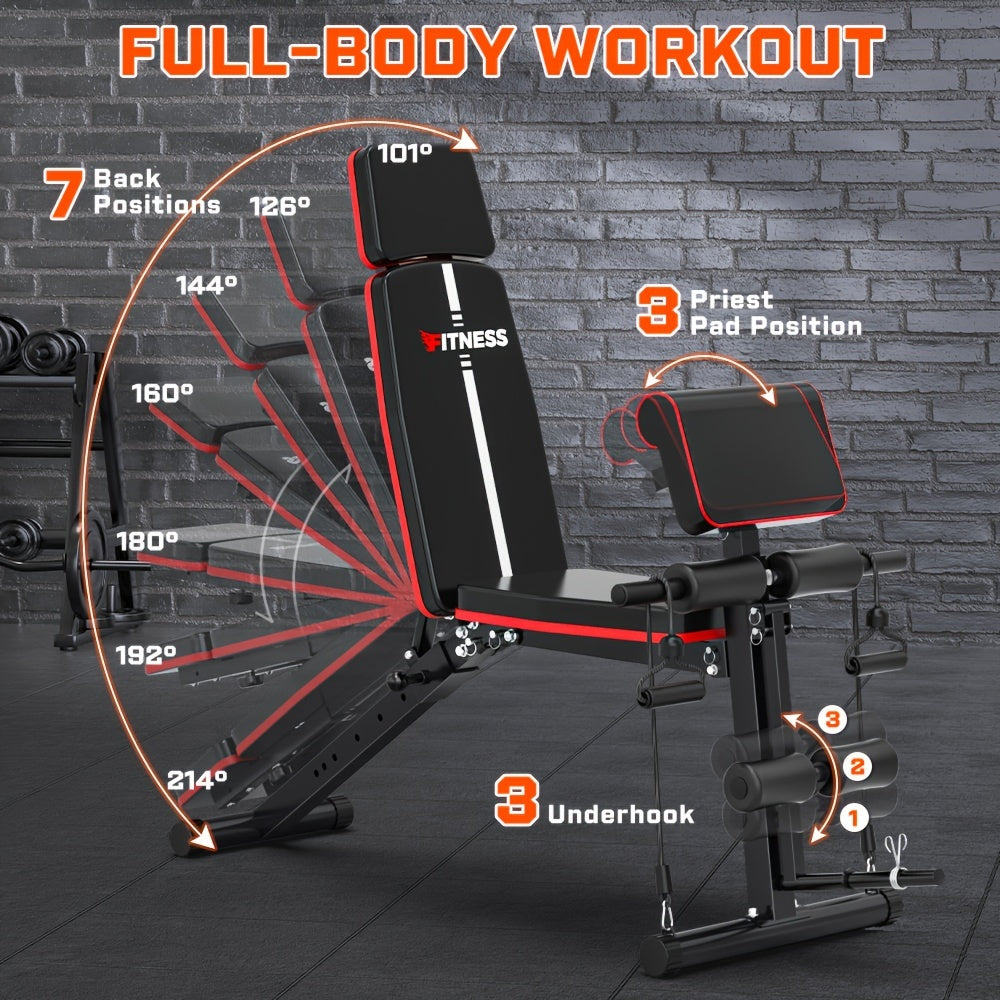 Adjustable Weight Bench 6-in-1 Foldable – Flat Incline Decline, Resistance Bands, Preacher Curl & Leg Developer, 770lb Capacity