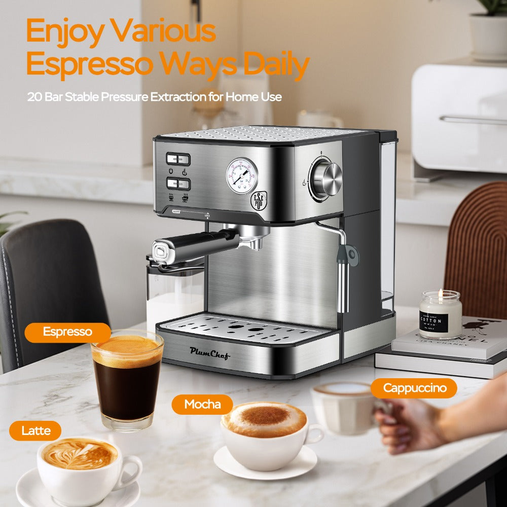 Espresso Machine Stainless Steel, Dual-Brew Coffee Maker with 54.1oz Water Tank, High-Pressure Steam Wand